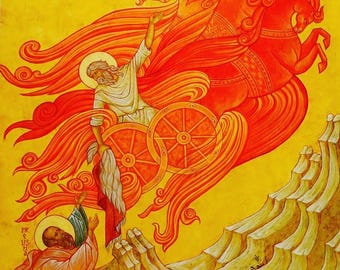 Holy Prophet Elijah with fire Charot, Painted icon,Oil Painting, handmade, oil on canvas, Christian gift, Byzantine icon, Orthodox,Biblical