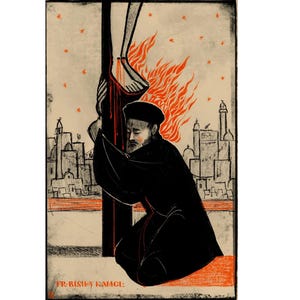 May include: A black and white illustration of a man kneeling in front of a cross. The man is wearing a black robe and has a beard. The cross is on fire and there is a city in the background. The text "FR-BISHOP KAMCI" is at the bottom of the image.