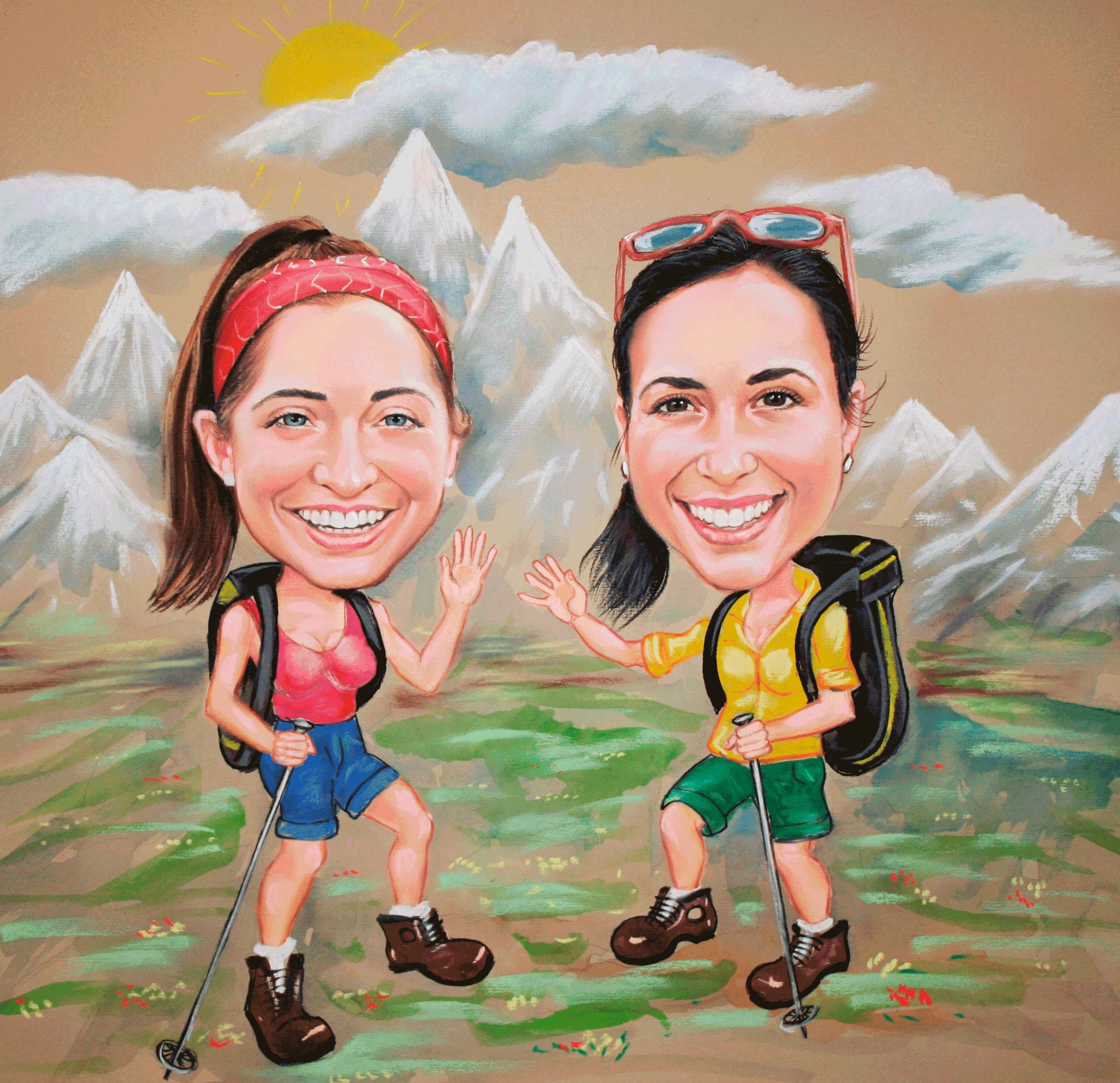 Custom caricature,Hiking, Caricature Gift, Handmade, Personalised,Sport, from Photo, Custom Personalized, Hand Painted,2 Person, pastel, fun