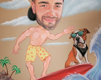 Caricature,Surfing,Illustration,Water sport, Personalised Caricature,from Photo,Color,Hand Painted,Funny Drawing, pastel,custom, fun gift
