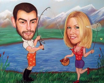 2 person,Fishing,Custom, Caricature,Illustration, Personalised Caricature, from Photo, Hand Painted, Funny Drawing, pastel, custom, fun gift