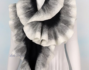 Black White Grey Felted Extra Fine Merino Ruffled Scarf with Silk Highlights,Nuno Felt Scarf Shawl Gift for Women by Linda Dorfman MTO