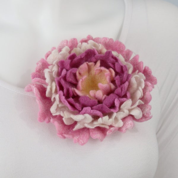 Large Pink White Wet Felted Flower Peony Brooch, Wool Felt Flower Shawl Pin, Hand Felted Sculpted Flower For Scarf or Hat  by Linda Dorfman