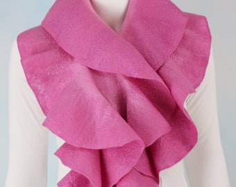 Pink Felted Merino Ruffled Scarf with Silk and Viscose Highlights, Classic Wavy Nuno Felt Handmade Scarf  by Linda Dorfman