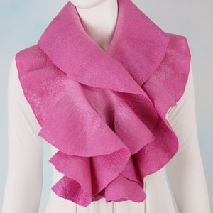 Pink Felted Merino Ruffled Scarf with Silk and Viscose Highlights, Classic Wavy Nuno Felt Handmade Scarf  by Linda Dorfman