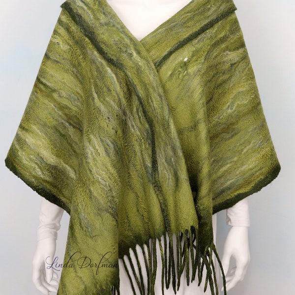 Olive Green  Wet Felted Merino Silk and Viscose Lightweight Cobweb Style Scarf, Moss Green Handmade Wool Unisex Scarf by Linda Dorfman
