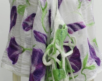 Purple Morning Glories Nuno Felted Silk Shawl Wrap,Nuno Felt Merino Wool Flowers on Chiffon Silk Shawl with Lattice by Linda Dorfman