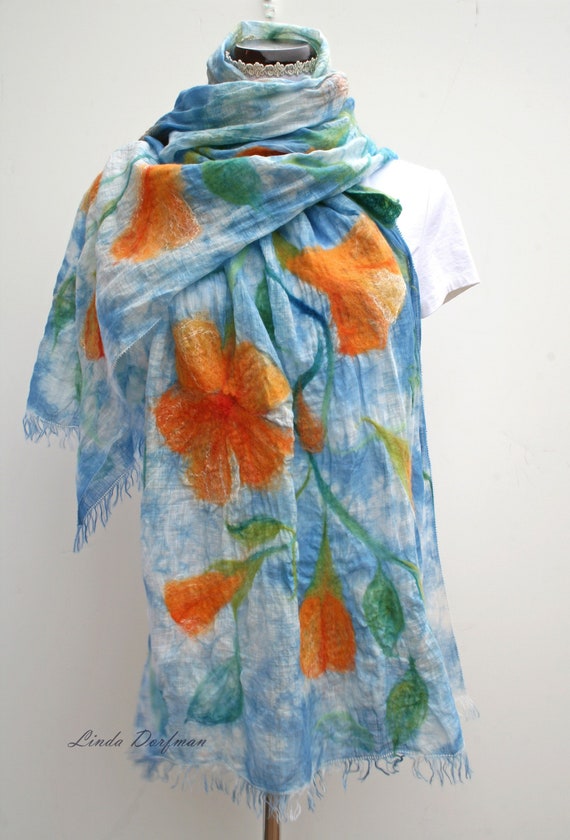Wrap Natural Felted Scarf Unique Lightweight Silk and Handmade Felted Womens Scarf Christmas Gift