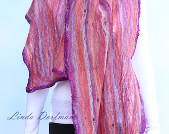 Pink Coral Purple Wet Felted Merino Wool and Silk Lightweight Cobweb Style Scarf, Artisan designed Scarf Gift for Her by Linda Dorfman