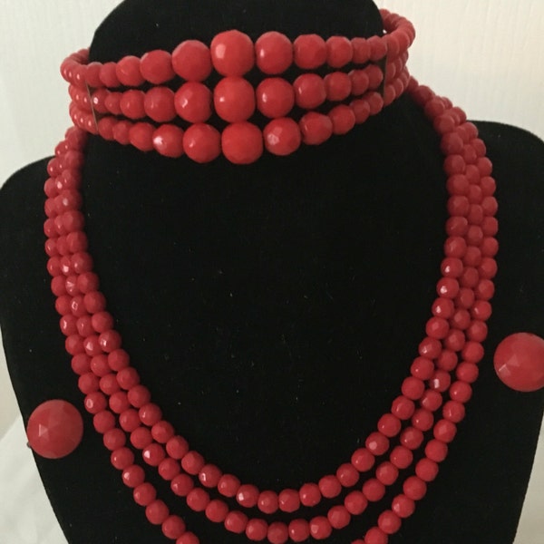 Brilliant adorable vintage three strand glass red necklace set 1950's Era