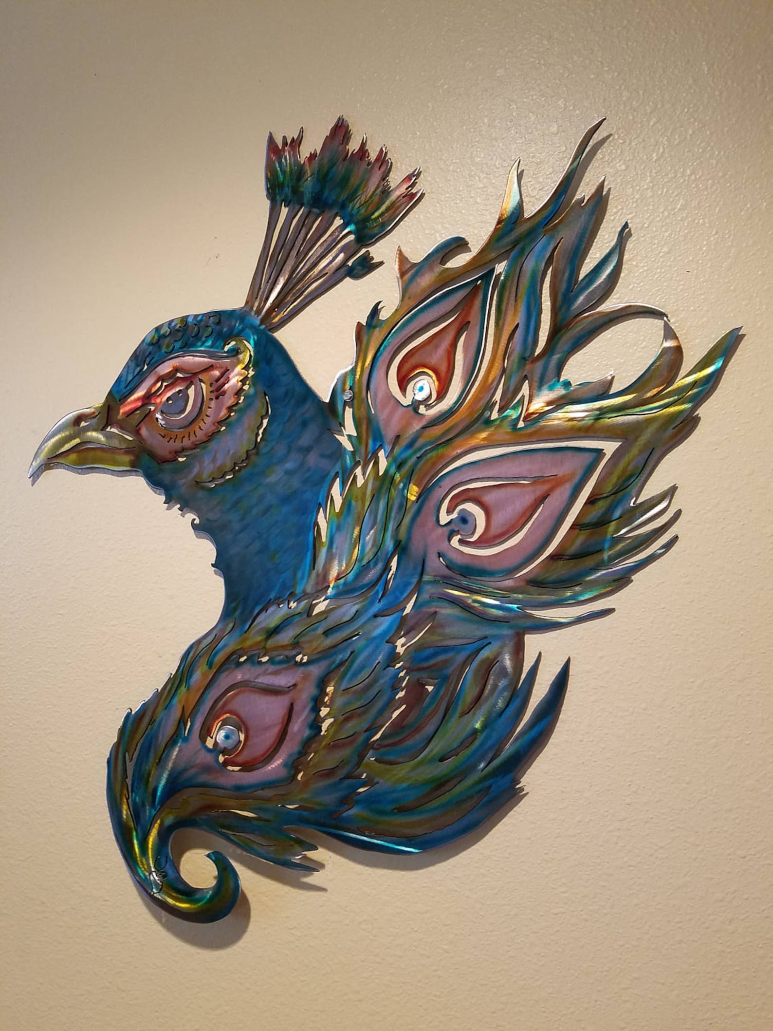 Peacock Metal Wall Art Sculpture With Blue Teal Gold Copper Yellow