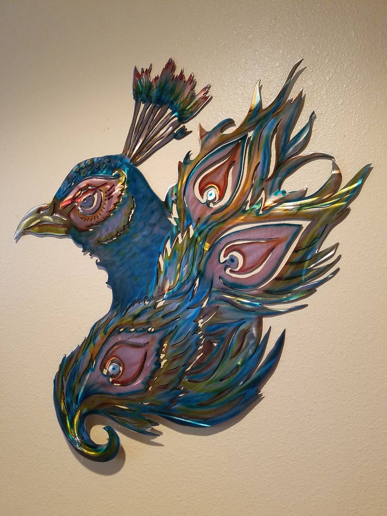 Peacock Metal Wall Art Sculpture With Blue Teal Gold Copper Yellow