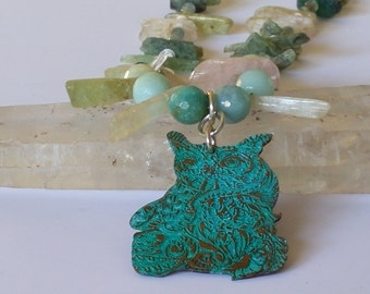 Handcrafted green patina etched brass owl beaded necklace.