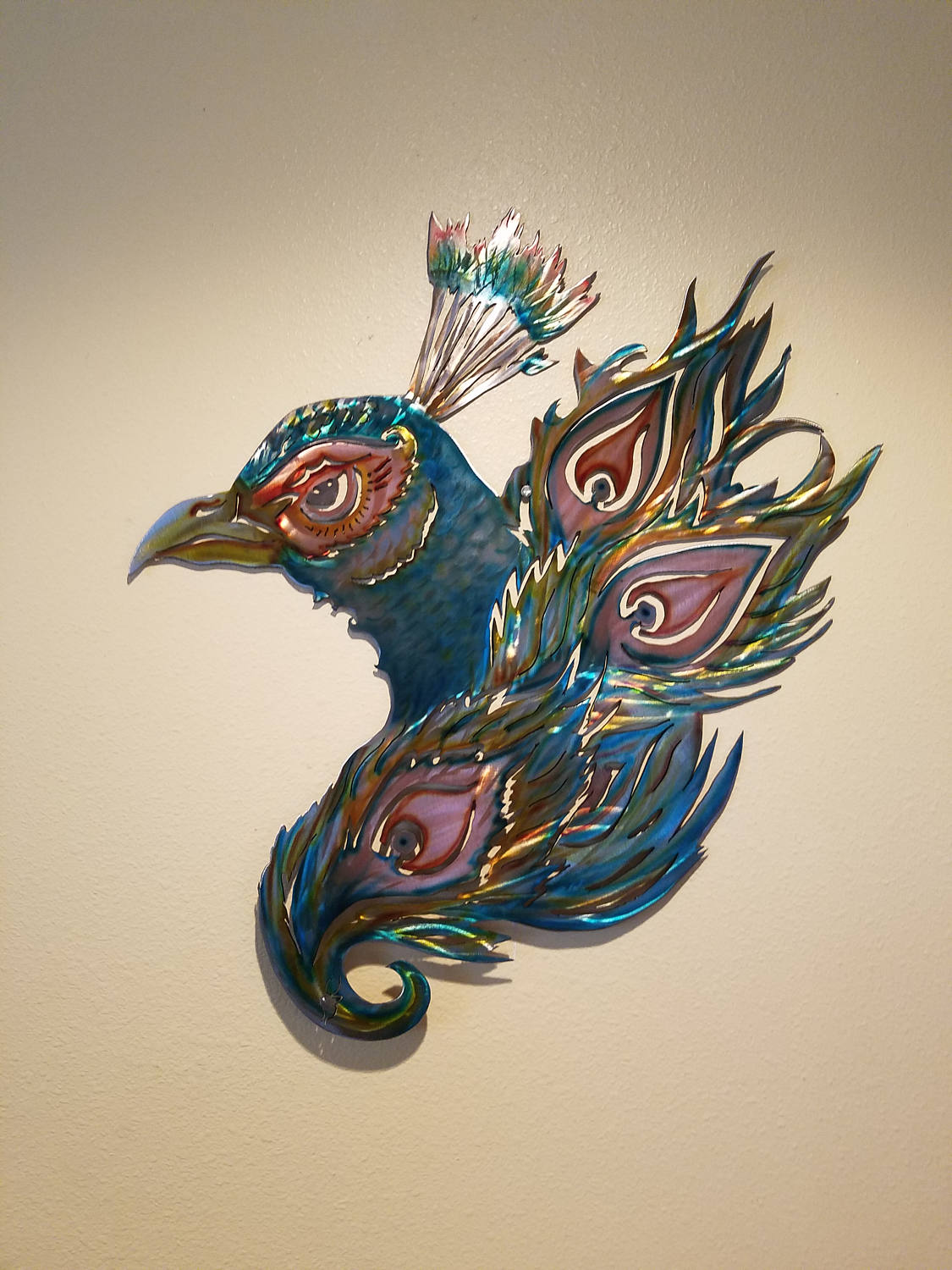 Peacock Metal Wall Art Sculpture With Blue Teal Gold Copper Yellow