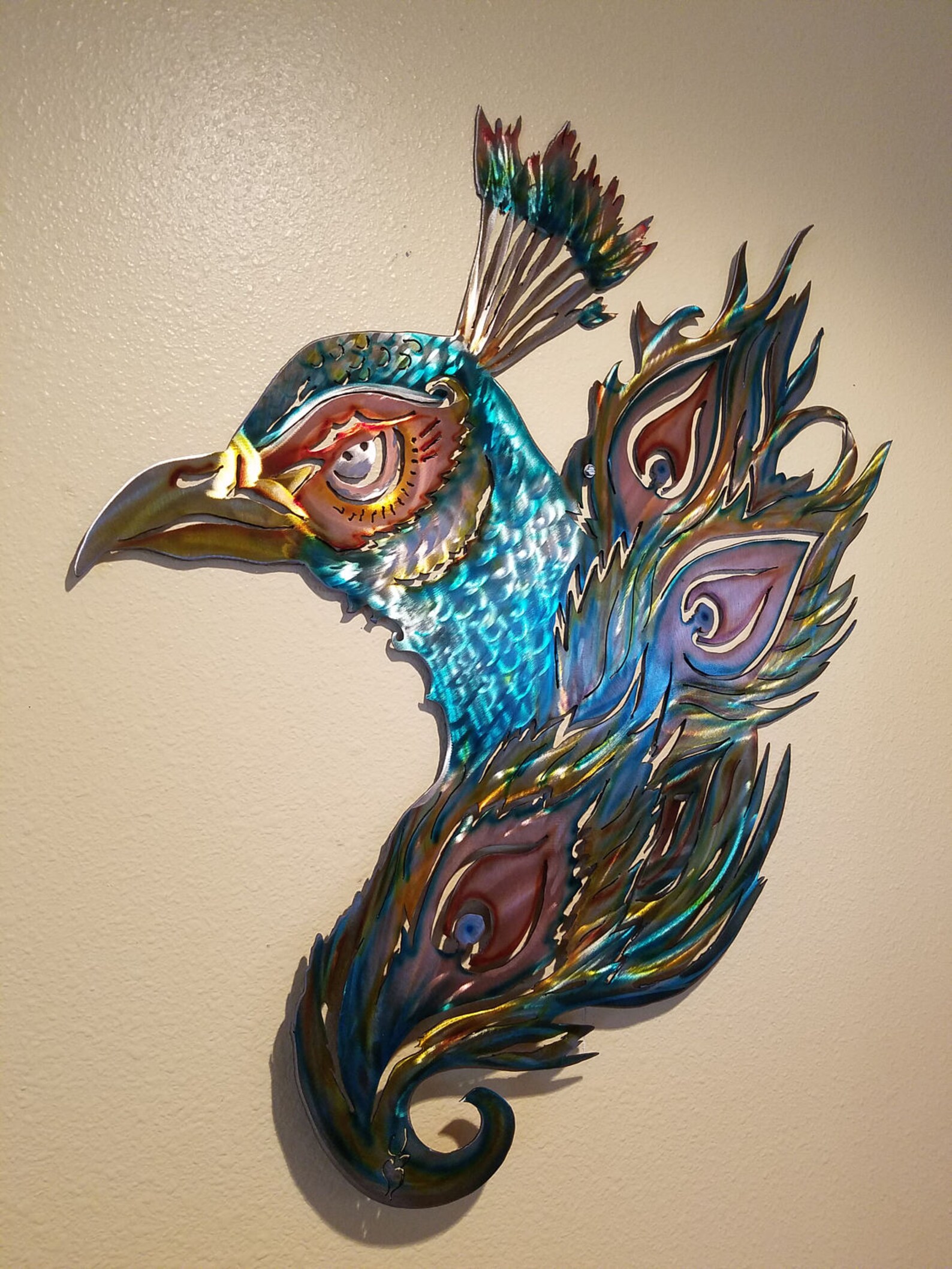 Peacock Metal Wall Art Sculpture With Blue Teal Gold Copper Yellow