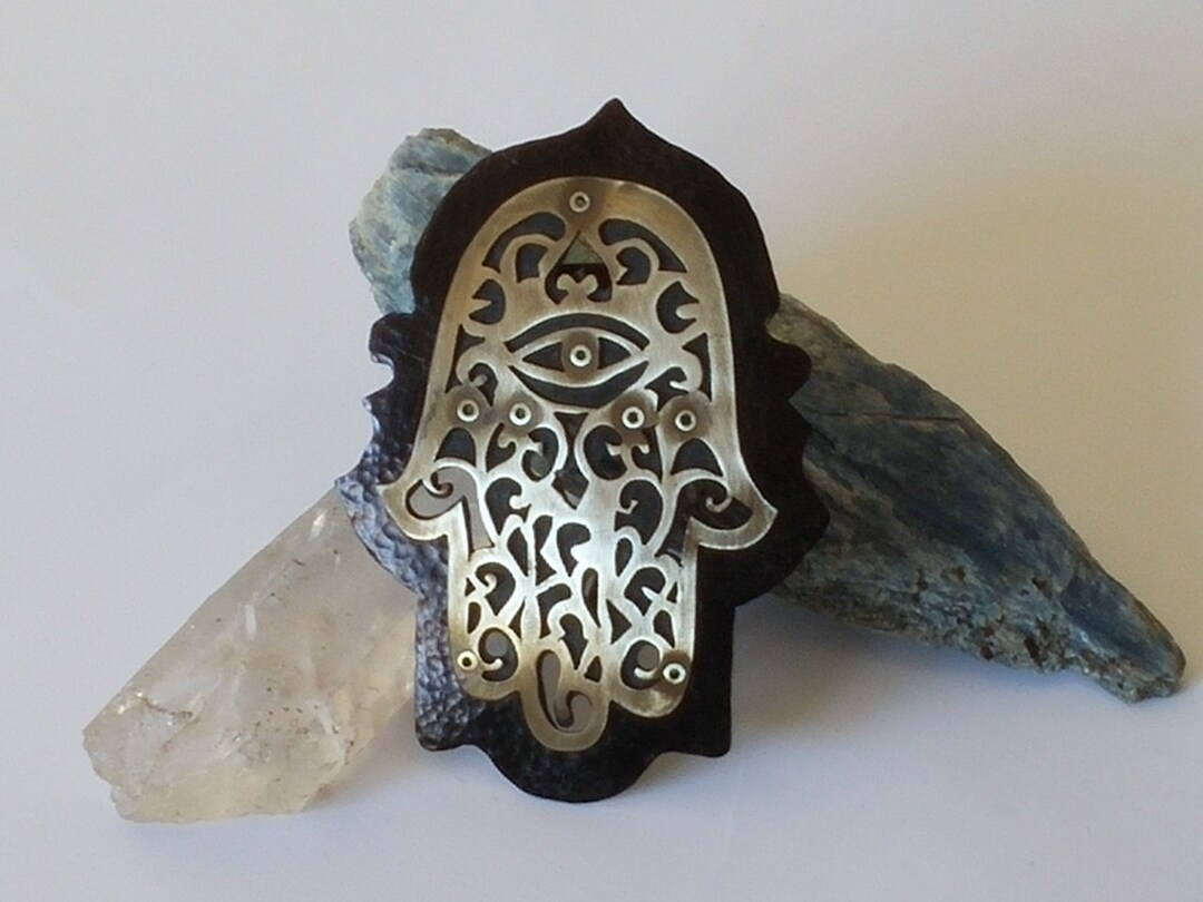 Vintage Brown Leather Woven Belt with Engraved Hamsa Hand Hand of Fatima Buckle Hamsa Hand Belt Buckle, Hand of Fatima Belt Buckle, Bohemian  main image 3