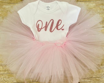 Pink 1st birthday tutu set, Pink One tutu set, One cursive first birthday outfit, Rose gold first birthday tutu set, Cake Smash tutu set
