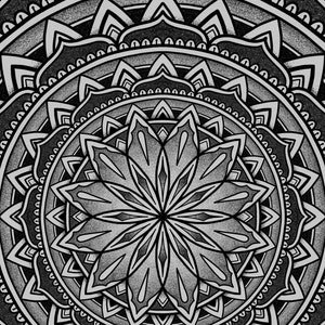 May include: A black and white mandala design with intricate details and a circular pattern. The design features a central flower with multiple layers of petals and geometric shapes.