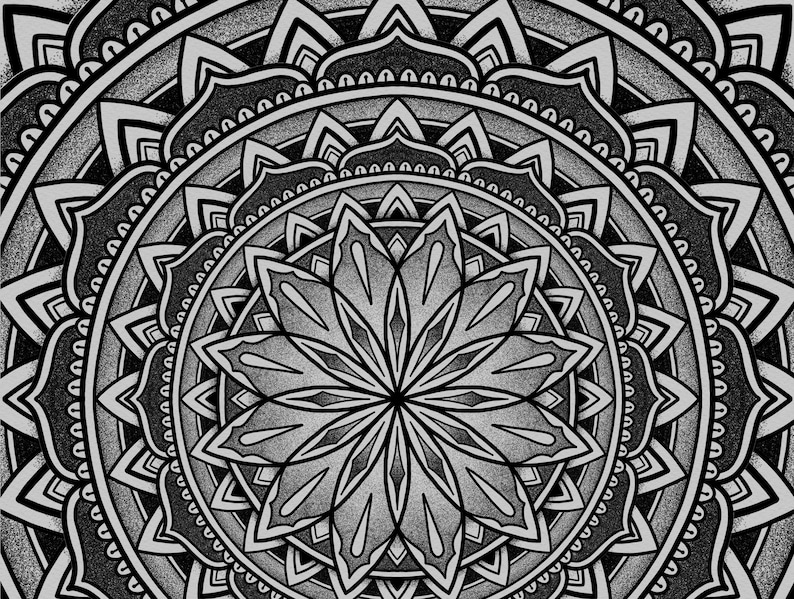 May include: A black and white mandala design with intricate details and a circular pattern. The design features a central flower with multiple layers of petals and geometric shapes.