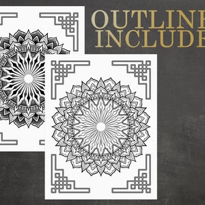 May include: Two printable coloring pages featuring intricate mandala designs with geometric borders. The text "OUTLINES INCLUDED" is printed at the top of the image.