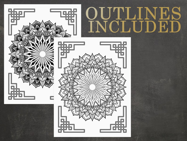 May include: Two printable coloring pages featuring intricate mandala designs with geometric borders. The text "OUTLINES INCLUDED" is printed at the top of the image.