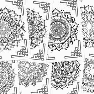 May include: Eight black and white mandala designs with intricate patterns. The mandalas are arranged in a grid pattern on a white background.