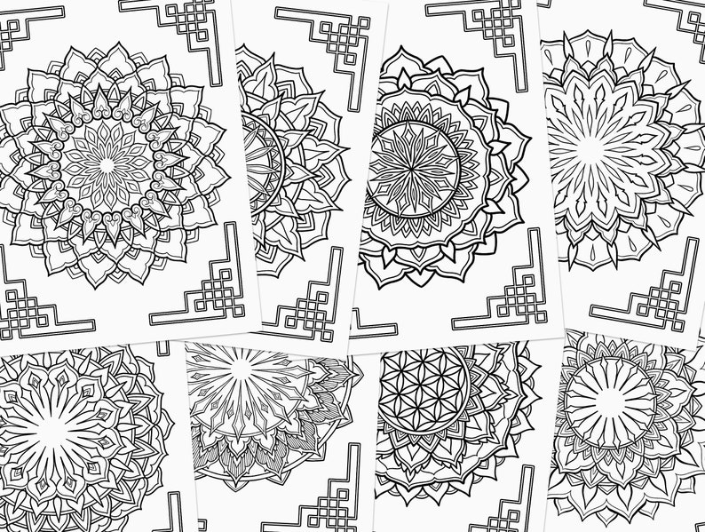 May include: Eight black and white mandala designs with intricate patterns. The mandalas are arranged in a grid pattern on a white background.