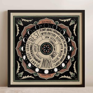 May include: A black and white illustration of a moon phase gardening chart. The chart shows the best times to plant, harvest, and fertilize different types of crops based on the moon's phases. The chart is surrounded by a decorative border with floral motifs.