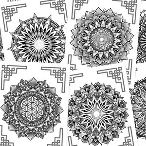 May include: A set of six black and white mandala designs, each with intricate patterns and details. The mandalas are arranged in a grid pattern on a white background.