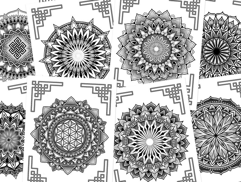 May include: A set of six black and white mandala designs, each with intricate patterns and details. The mandalas are arranged in a grid pattern on a white background.