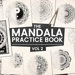 Puede incluir: Portada de The Mandala Practice Book Vol 2 con varios diseños de mandalas y un compás. Los diseños son en blanco y negro, con patrones intrincados. El título del libro está en letras grandes y en negrita.