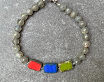 Trio Énergie - Bracelet en labradorite et perles rectangulaires multicolores en verre tchèque