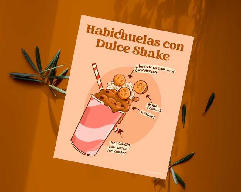 May include: A pink and white striped milkshake cup with a brown ice cream base topped with whipped cream, cinnamon, cookies, and raisins. The text "Habichuelas con Dulce Shake" is at the top of the image.