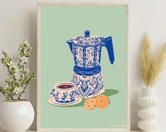 Greca Latina Themed  Art Print, Moka Pot Dominican Coffee Wall Art (8.5x11)