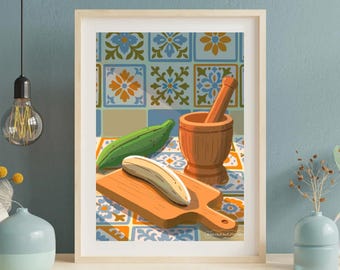 Latina Themed Wallart Dominican Art Print, Kitchen Scene, (8.5x11)