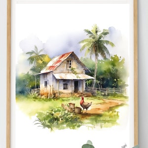 Dominicana casa de campo acuarela Impresión / Cartel de arte de pared / Arte de pared dominicano / Arte dominicano / Decoración de pared dominicana / Impresión dominicana,