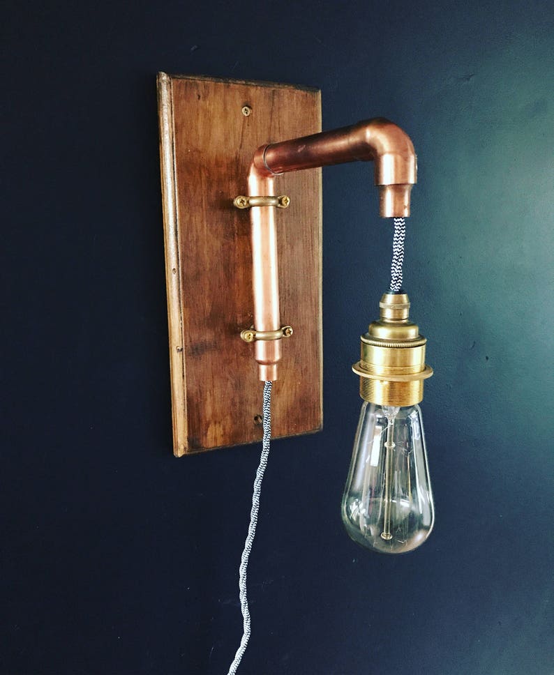 Copper Pipe Industrial Wall Light Wooden Monochrome cable E27 Etsy
