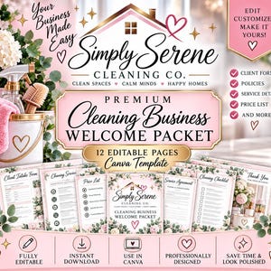 May include: A digital marketing graphic for a cleaning business welcome packet template. The design features pink and white floral accents, a house icon, and text including Simply Serene Cleaning Co. and 12 Editable Pages Canva Template.