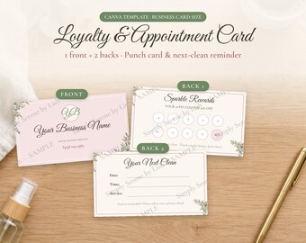 Cleaning Business Loyalty Punch Card, Appointment Reminder, Canva Template, Maid Service Reward Card