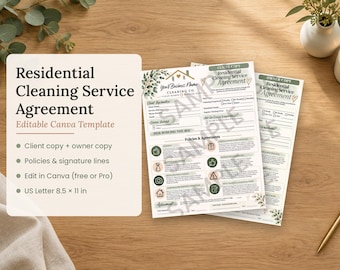 May include: A residential cleaning service agreement template featuring a white background with green botanical accents. The document includes sections for client information, service policies, and signature lines, measuring 8.5 by 11 inches.