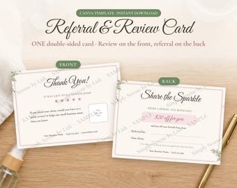 Double Sided Referral and Review Card for Cleaning Business, Editable Canva Template, House Cleaning Thank You Card with QR Code