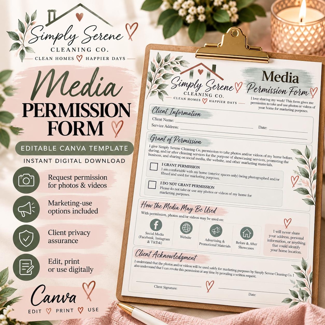 Cleaning Photo Release Form, Editable Canva Media Permission Template ...