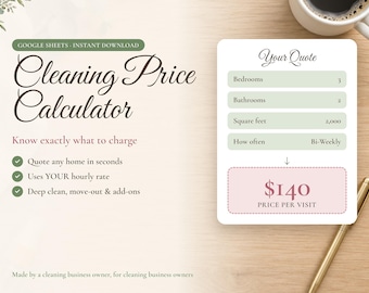 Cleaning Price Calculator, House Cleaning Pricing Spreadsheet, Cleaning Business Quote Template, Maid Service Estimate, Google Sheets