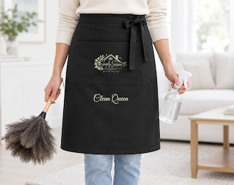 Cleaning Apron with Logo, Personalized Linen Half Apron for Cleaning Business, Custom Work Apron with Pocket, Professional Cleaner Gift