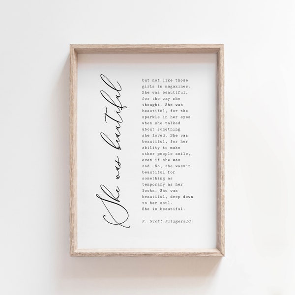 F. Scott Fitzgerald, She Was Beautiful, Quote, Digital Print, Motivational, Inspirational, Wall Art, Poster, Home Decor