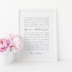 Our Deepest Fear - Marianne Williamson, Printable Quote, Child of God, Minimalist, Inspirational quote, Home Decor, Christian Gift