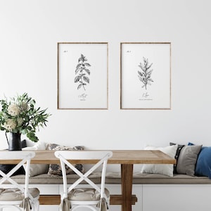 May include: Two framed botanical prints featuring black and white illustrations of herbs, labeled "Mint" and "Sage". The prints are in gold frames and hang on a white wall above a wooden table with white chairs. A vase of flowers sits on the table.