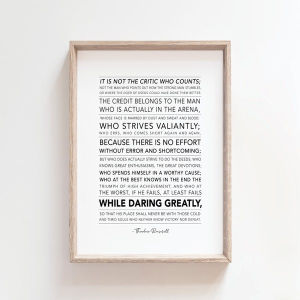 Theodore Roosevelt, Daring Greatly Printable Quote, Wall Art, Daring Greatly, Home Decor, Fathers Day Gift, Inspirational, Motivational