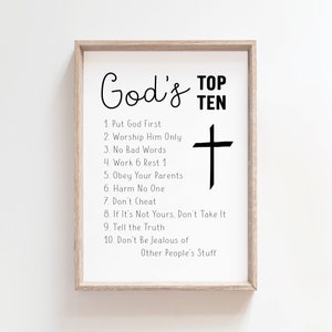 Christian Wall Art, Ten Commandments, Bible Verse, God&#39;s Top Ten for Kids, Exodus 20, 10 Commandments, Childrens Room Decor, Baptism Gift