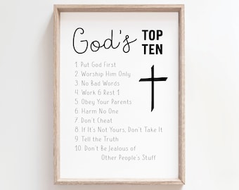 Christian Wall Art, Ten Commandments, Bible Verse, God&#39;s Top Ten for Kids, Exodus 20, 10 Commandments, Childrens Room Decor, Baptism Gift